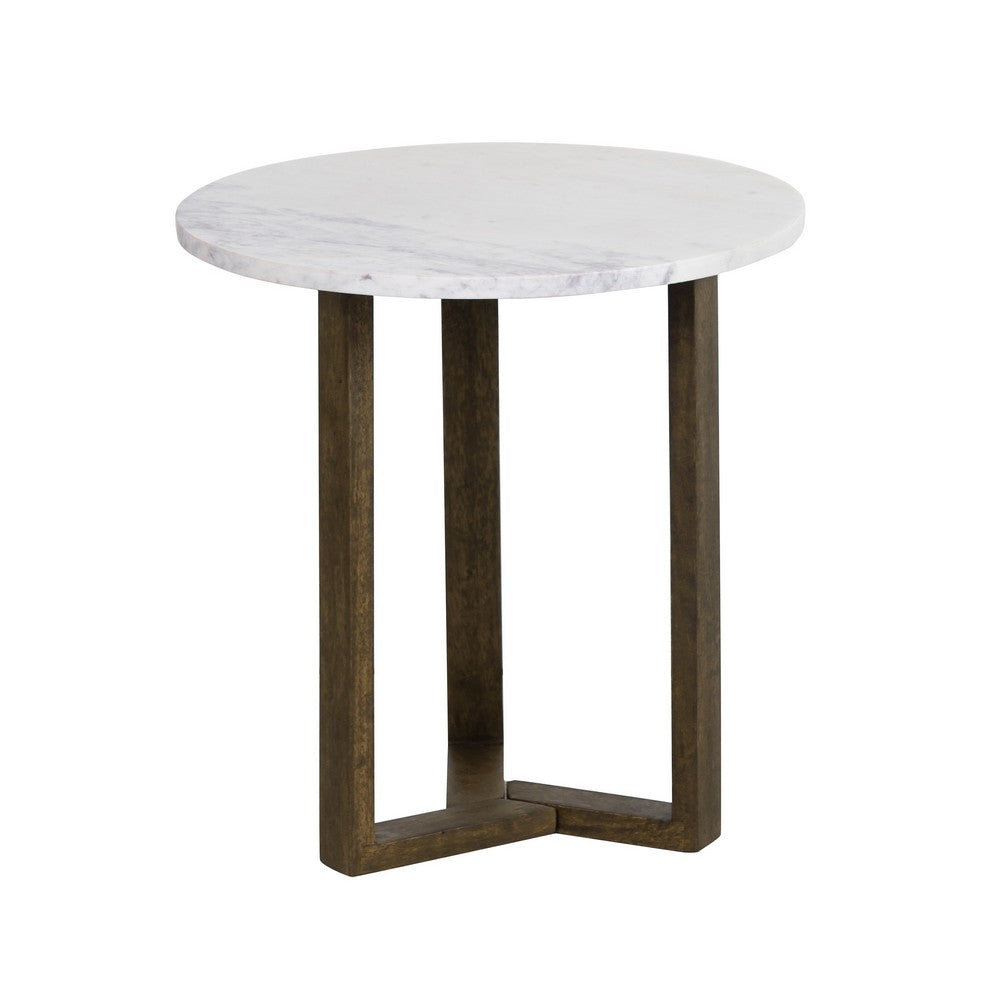 Fina 20 Inch Round Side End Table, White Genuine Marble Top, Natural Brown Mango Wood 3 Leg Sled Base - BM315771