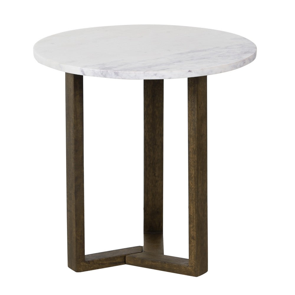Fina 20 Inch Round Side End Table, White Genuine Marble Top, Natural Brown Mango Wood 3 Leg Sled Base - BM315771
