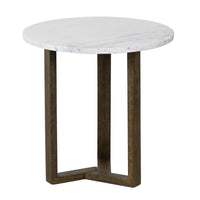Fina 20 Inch Round Side End Table, White Genuine Marble Top, Natural Brown Mango Wood 3 Leg Sled Base - BM315771