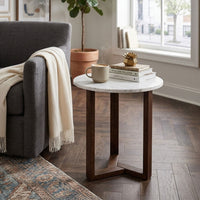 Fina 20 Inch Round Side End Table, White Genuine Marble Top, Natural Brown Mango Wood 3 Leg Sled Base - BM315771