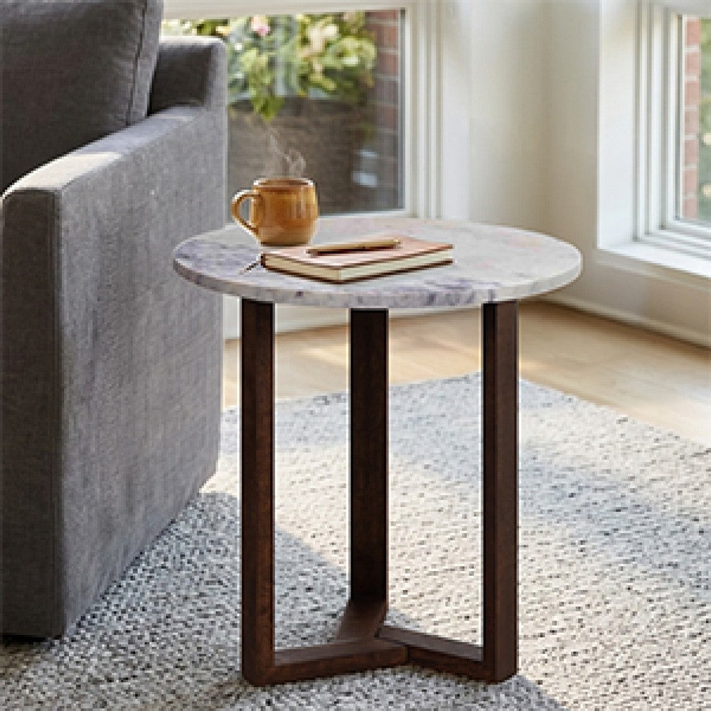 Fina 20 Inch Round Side End Table, White Genuine Marble Top, Natural Brown Mango Wood 3 Leg Sled Base - BM315771