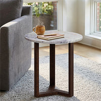 Fina 20 Inch Round Side End Table, White Genuine Marble Top, Natural Brown Mango Wood 3 Leg Sled Base - BM315771