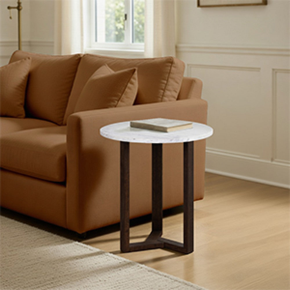 Fina 20 Inch Round Side End Table, White Genuine Marble Top, Natural Brown Mango Wood 3 Leg Sled Base - BM315771