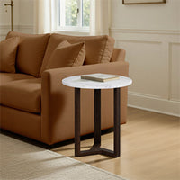 Fina 20 Inch Round Side End Table, White Genuine Marble Top, Natural Brown Mango Wood 3 Leg Sled Base - BM315771