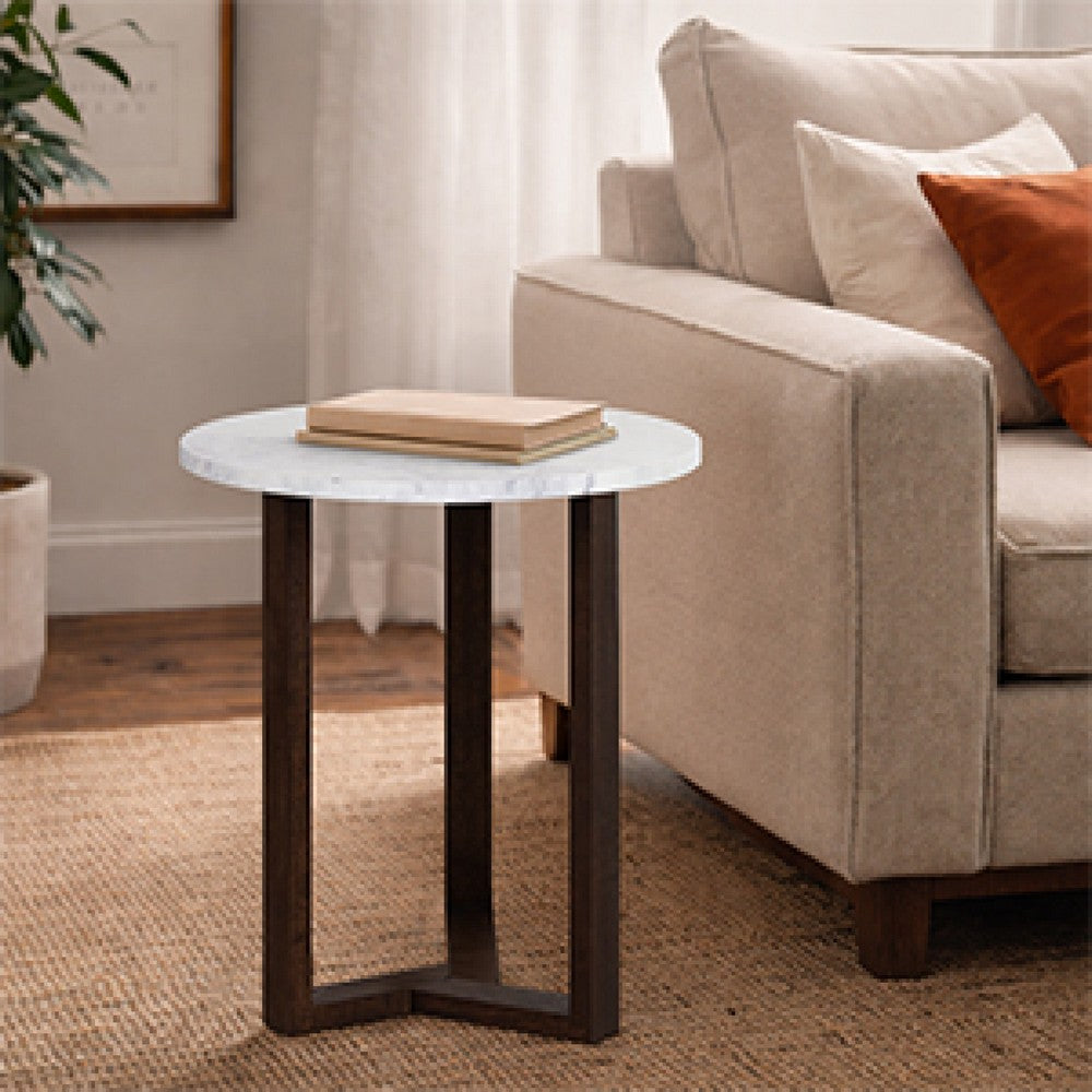 Fina 20 Inch Round Side End Table, White Genuine Marble Top, Natural Brown Mango Wood 3 Leg Sled Base - BM315771