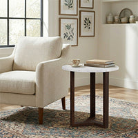 Fina 20 Inch Round Side End Table, White Genuine Marble Top, Natural Brown Mango Wood 3 Leg Sled Base - BM315771