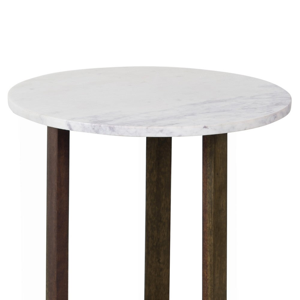 Fina 20 Inch Round Side End Table, White Genuine Marble Top, Natural Brown Mango Wood 3 Leg Sled Base - BM315771