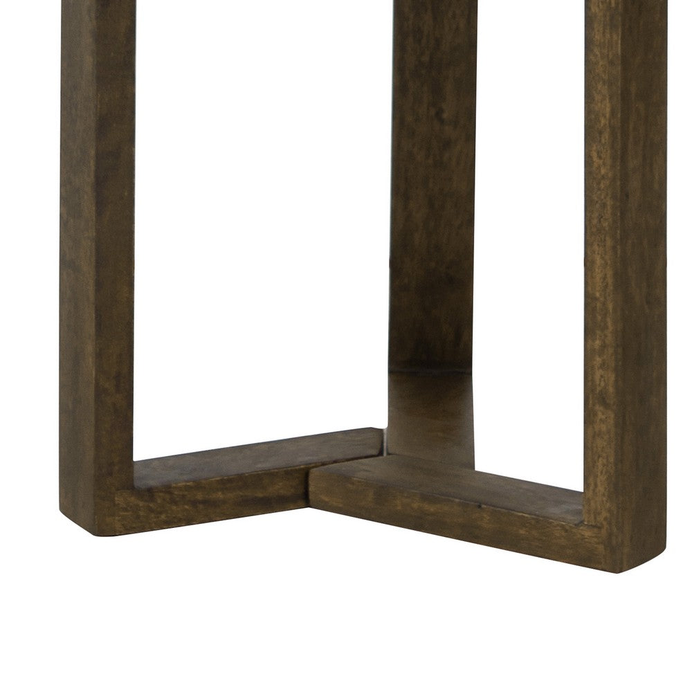 Fina 20 Inch Round Side End Table, White Genuine Marble Top, Natural Brown Mango Wood 3 Leg Sled Base - BM315771