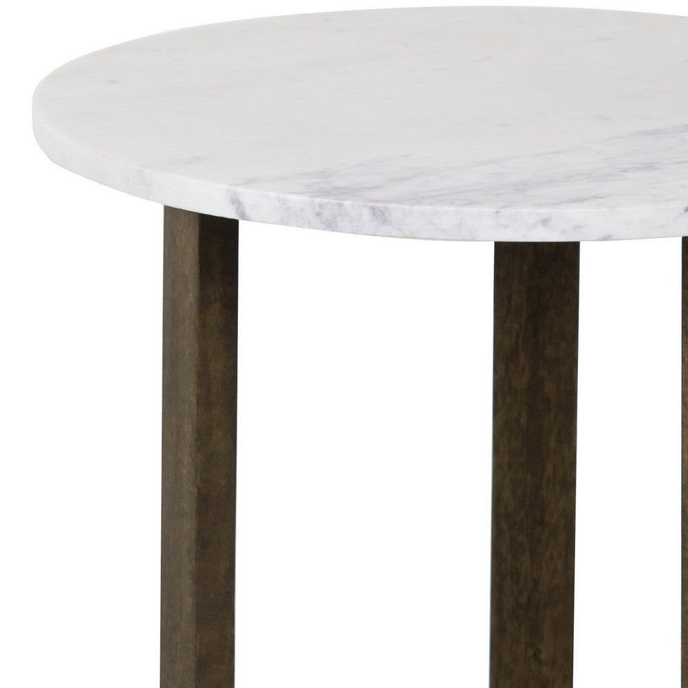 Fina 20 Inch Round Side End Table, White Genuine Marble Top, Natural Brown Mango Wood 3 Leg Sled Base - BM315771