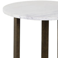 Fina 20 Inch Round Side End Table, White Genuine Marble Top, Natural Brown Mango Wood 3 Leg Sled Base - BM315771