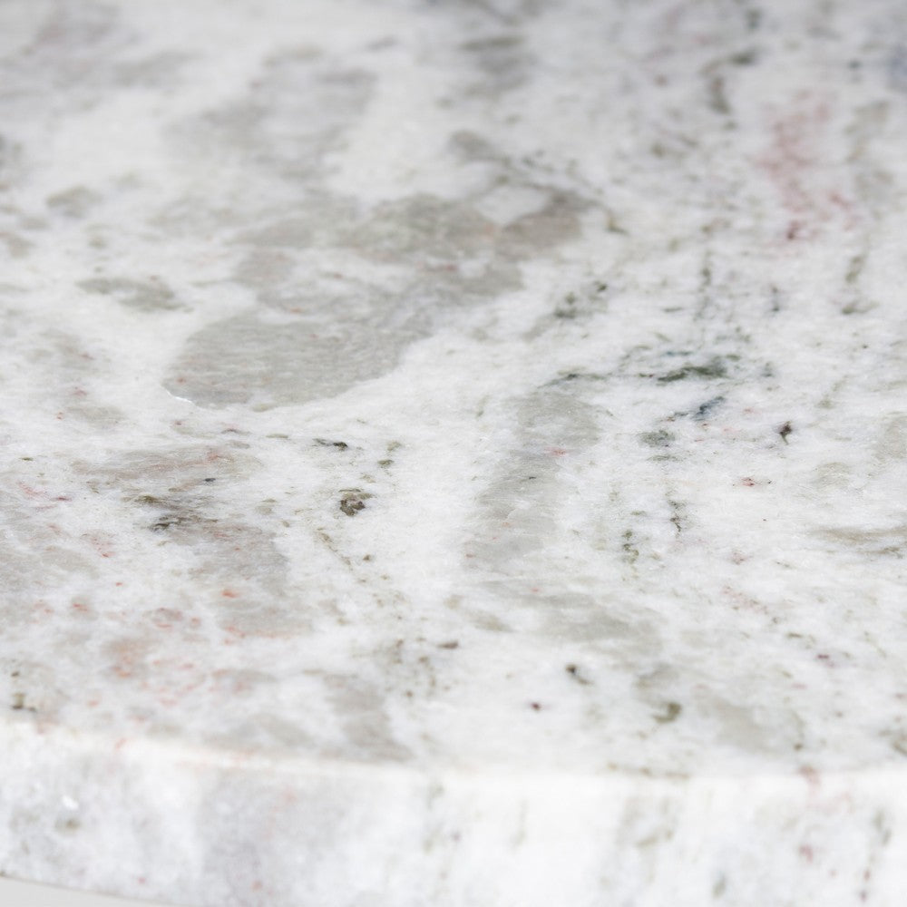 Fina 20 Inch Round Side End Table, White Genuine Marble Top, Natural Brown Mango Wood 3 Leg Sled Base - BM315771