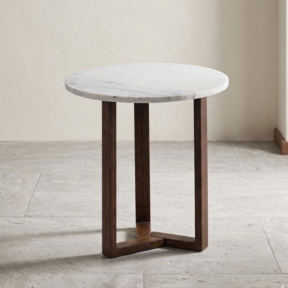 Fina 20 Inch Round Side End Table, White Genuine Marble Top, Natural Brown Mango Wood 3 Leg Sled Base - BM315771