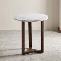 Fina 20 Inch Round Side End Table, White Genuine Marble Top, Natural Brown Mango Wood 3 Leg Sled Base - BM315771