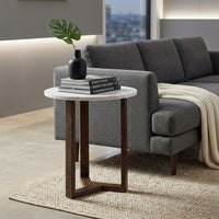 Fina 20 Inch Round Side End Table, White Genuine Marble Top, Natural Brown Mango Wood 3 Leg Sled Base - BM315771