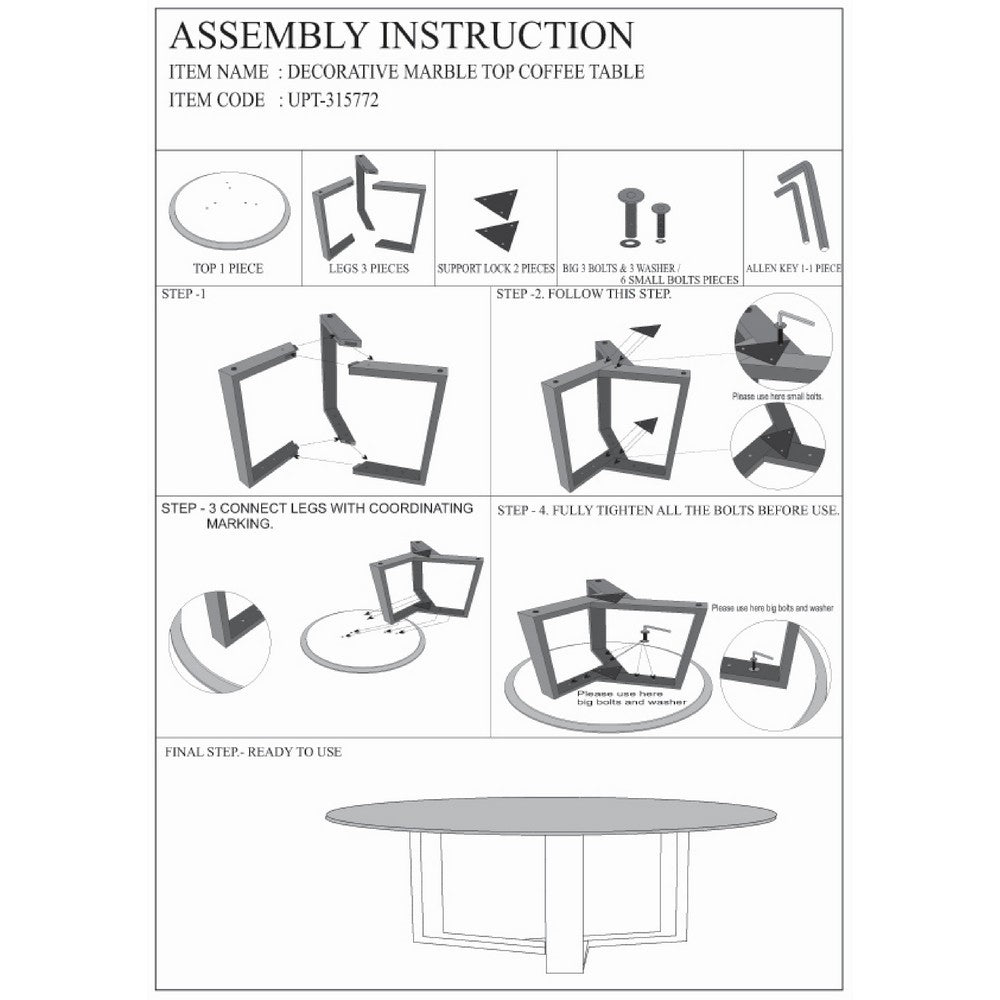 Fina 38 Inch Round Coffee Table, White Genuine Marble Top, Natural Brown Mango Wood 3 Leg Sled Base - BM315772