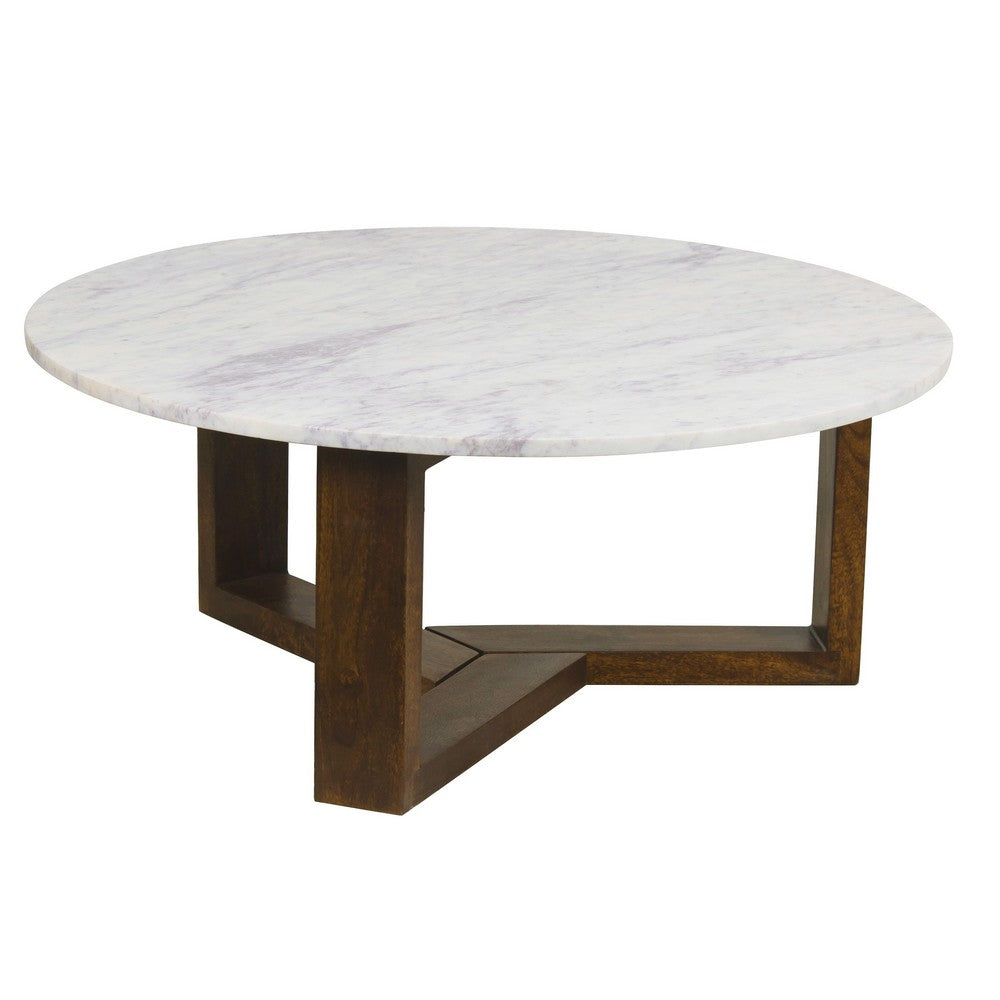 Fina 38 Inch Round Coffee Table, White Genuine Marble Top, Natural Brown Mango Wood 3 Leg Sled Base - BM315772