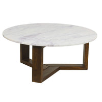 Fina 38 Inch Round Coffee Table, White Genuine Marble Top, Natural Brown Mango Wood 3 Leg Sled Base - BM315772