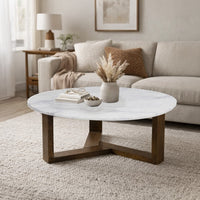 Fina 38 Inch Round Coffee Table, White Genuine Marble Top, Natural Brown Mango Wood 3 Leg Sled Base - BM315772