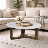 Fina 38 Inch Round Coffee Table, White Genuine Marble Top, Natural Brown Mango Wood 3 Leg Sled Base - BM315772
