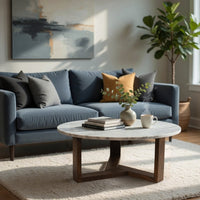 Fina 38 Inch Round Coffee Table, White Genuine Marble Top, Natural Brown Mango Wood 3 Leg Sled Base - BM315772