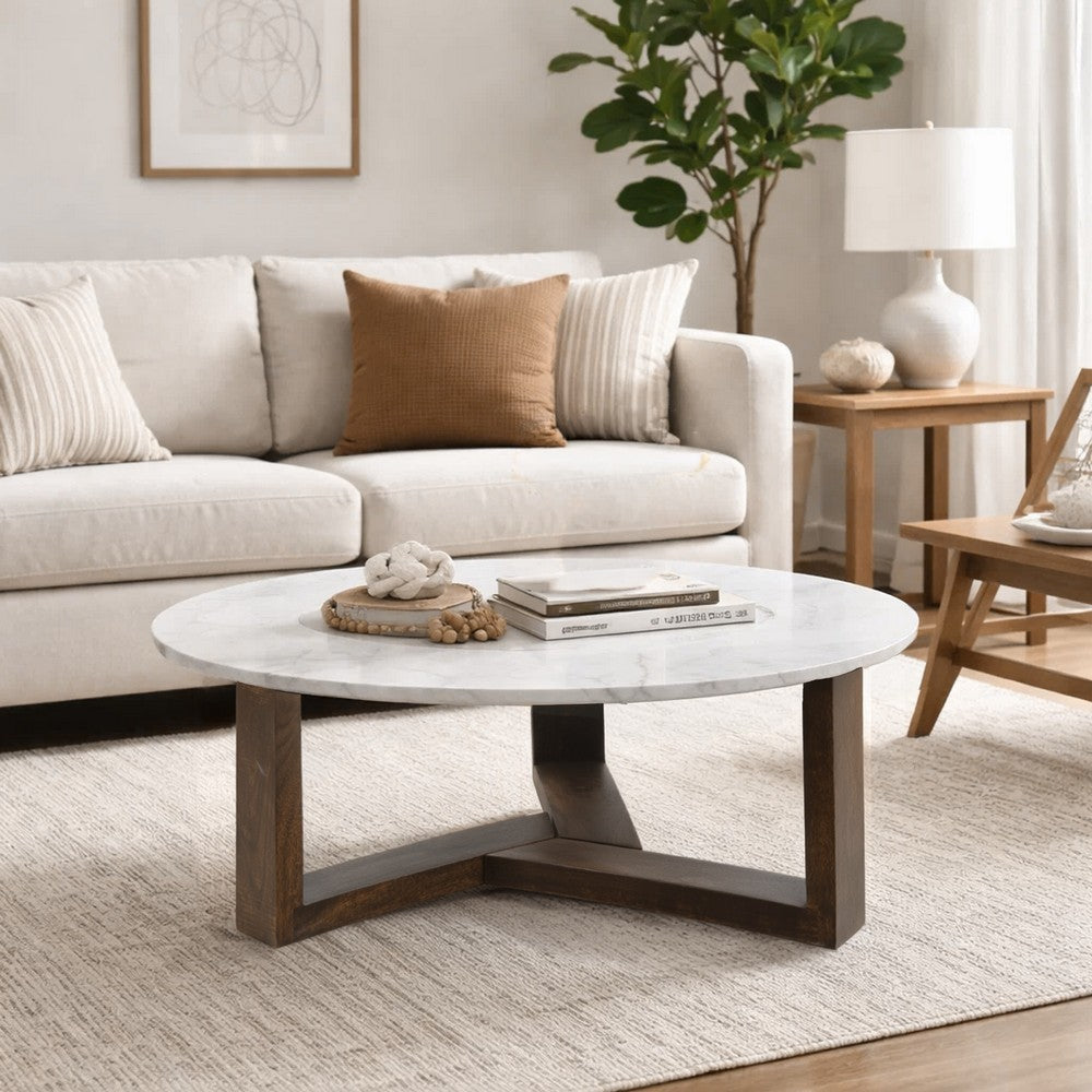 Fina 38 Inch Round Coffee Table, White Genuine Marble Top, Natural Brown Mango Wood 3 Leg Sled Base - BM315772
