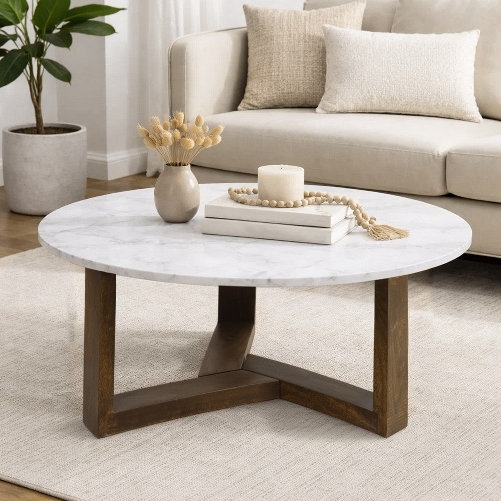 Fina 38 Inch Round Coffee Table, White Genuine Marble Top, Natural Brown Mango Wood 3 Leg Sled Base - BM315772