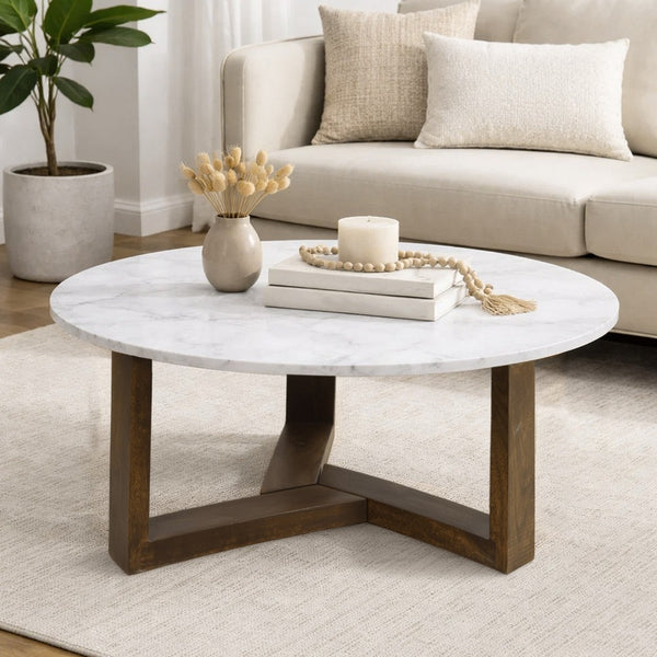 Fina 38 Inch Round Coffee Table, White Genuine Marble Top, Natural Brown Mango Wood 3 Leg Sled Base - BM315772