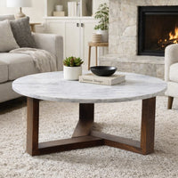 Fina 38 Inch Round Coffee Table, White Genuine Marble Top, Natural Brown Mango Wood 3 Leg Sled Base - BM315772