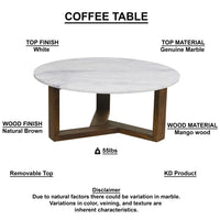 Fina 38 Inch Round Coffee Table, White Genuine Marble Top, Natural Brown Mango Wood 3 Leg Sled Base - BM315772