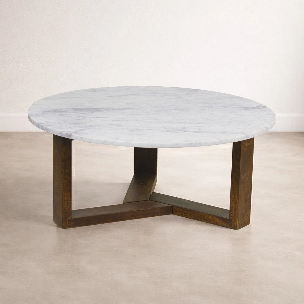 Fina 38 Inch Round Coffee Table, White Genuine Marble Top, Natural Brown Mango Wood 3 Leg Sled Base - BM315772