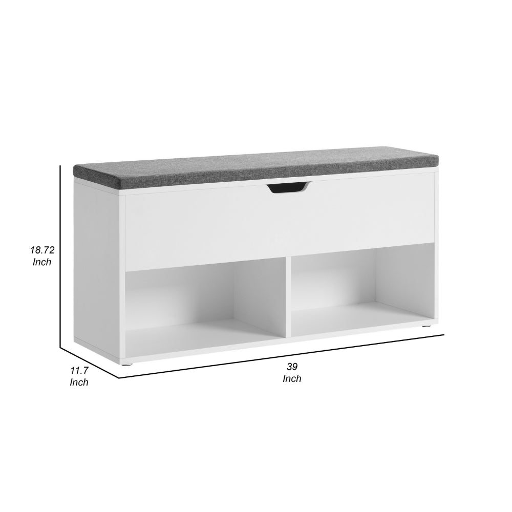 Lyne 39 Inch Shoe Bench, Large Gray Storage Box, 2 Open Shelves, White - BM315782