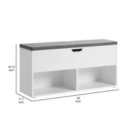 Lyne 39 Inch Shoe Bench, Large Gray Storage Box, 2 Open Shelves, White - BM315782