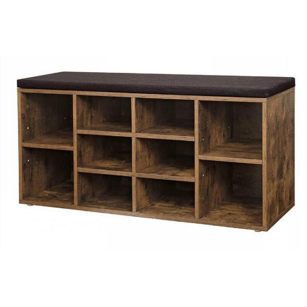 Lyne 41 Inch Shoe Rack Bench with 9 Shelves, Soft Black Top, Brown Wood - BM315783