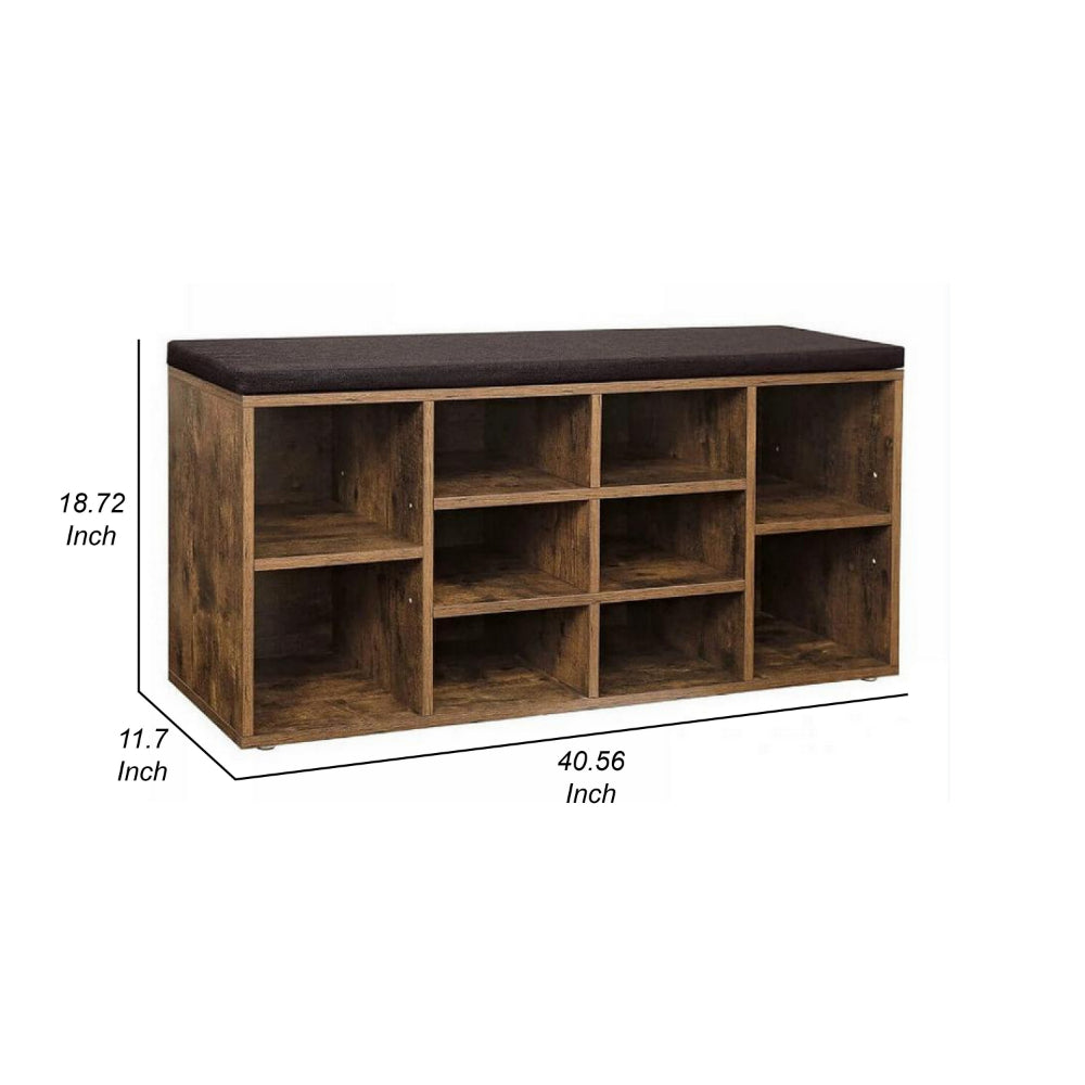 Lyne 41 Inch Shoe Rack Bench with 9 Shelves, Soft Black Top, Brown Wood - BM315783