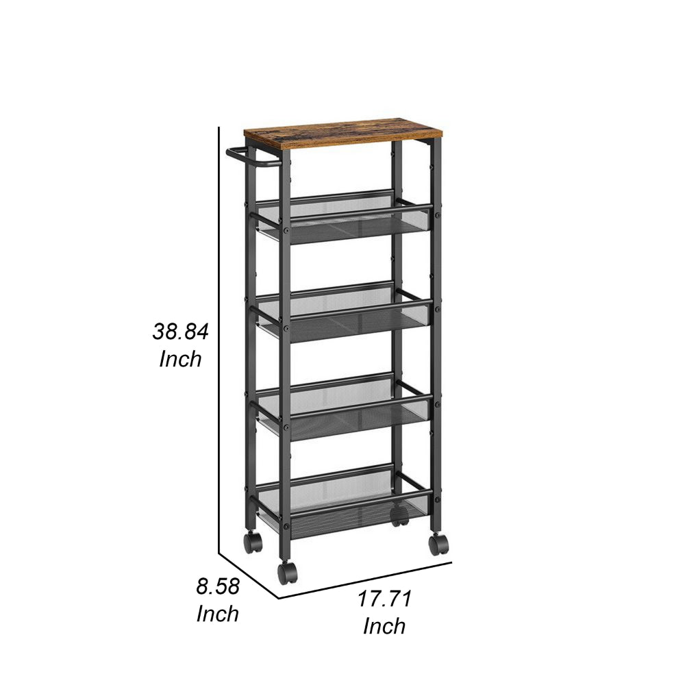 39 Inch Rolling Kitchen Trolly Cart, 4 Grid Shelves, Caster Wheels, Black - BM315784