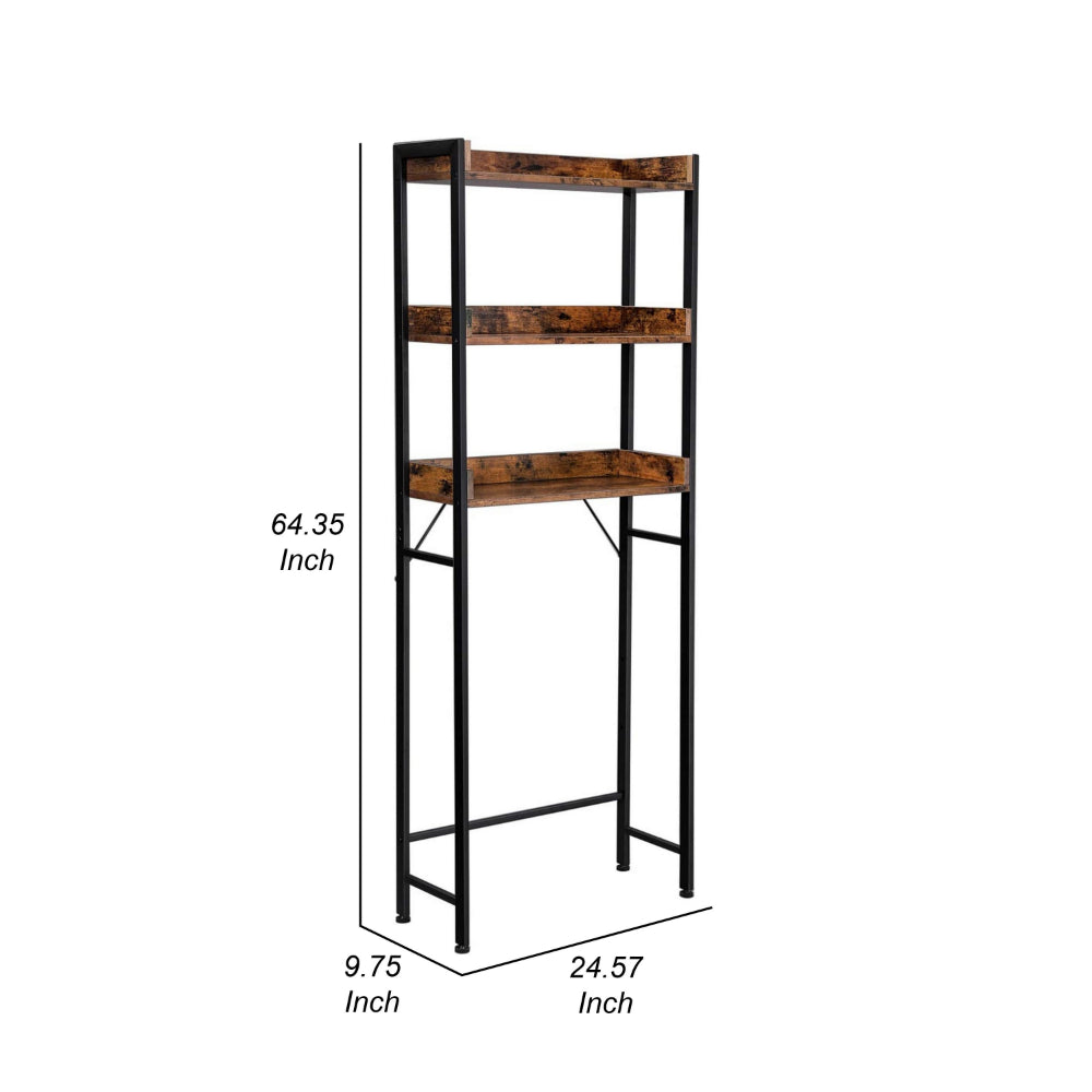 Kiu 65 Inch Bathroom Storage with 3 Open Brown Wood Shelves, Black Steel - BM315786