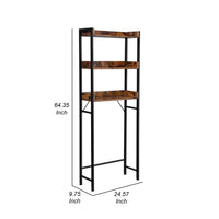 Kiu 65 Inch Bathroom Storage with 3 Open Brown Wood Shelves, Black Steel - BM315786