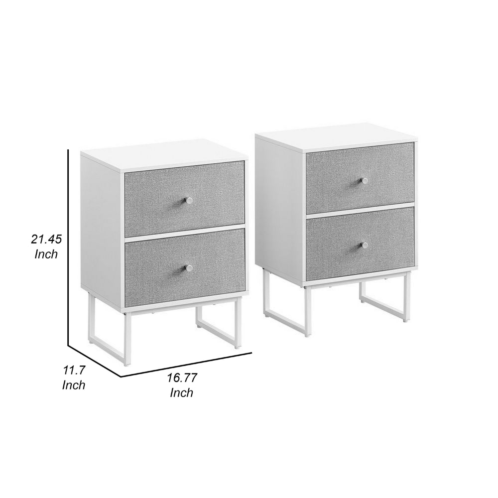 Jem 22 Inch Nightstand Set of 2, Soft Fabric Front Drawers, White Steel - BM315787