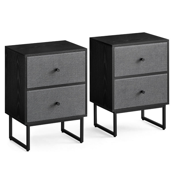 Jem 22 Inch Nightstand Set of 2, Soft Fabric Front Drawers, Black Steel - BM315788