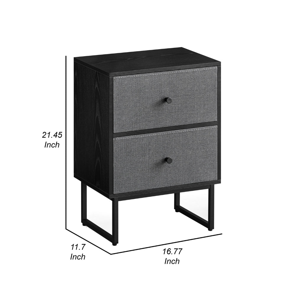 Jem 22 Inch Nightstand Set of 2, Soft Fabric Front Drawers, Black Steel - BM315788