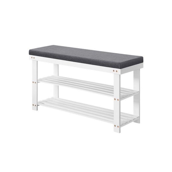 Alo 35 Inch Shoe Rack Bench, Cushioned Seat, 2 Slatted Shelves, White, Gray - BM315792