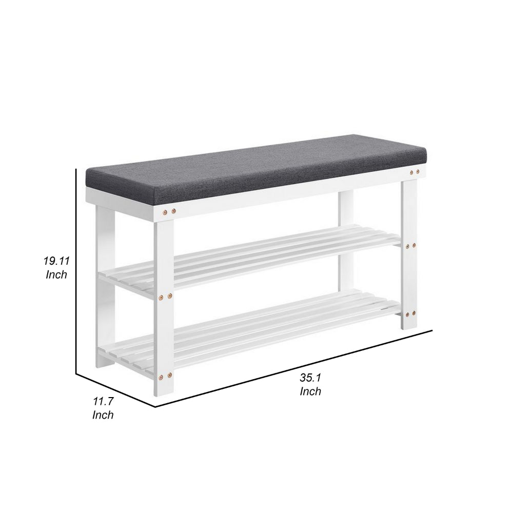 Alo 35 Inch Shoe Rack Bench, Cushioned Seat, 2 Slatted Shelves, White, Gray - BM315792