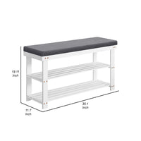 Alo 35 Inch Shoe Rack Bench, Cushioned Seat, 2 Slatted Shelves, White, Gray - BM315792