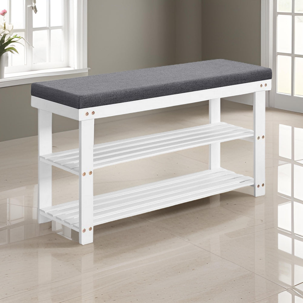 Alo 35 Inch Shoe Rack Bench, Cushioned Seat, 2 Slatted Shelves, White, Gray - BM315792