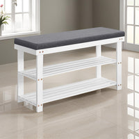 Alo 35 Inch Shoe Rack Bench, Cushioned Seat, 2 Slatted Shelves, White, Gray - BM315792