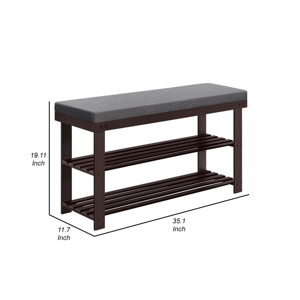 Alo 35 Inch Shoe Rack Bench, Cushioned Seat, 2 Slatted Shelves, Brown, Gray - BM315793