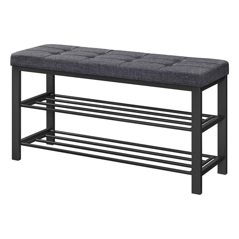 Lee 39 Inch Shoe Rack Bench, Tufted Seat, 2 Shelves, Dark Gray, Black - BM315794