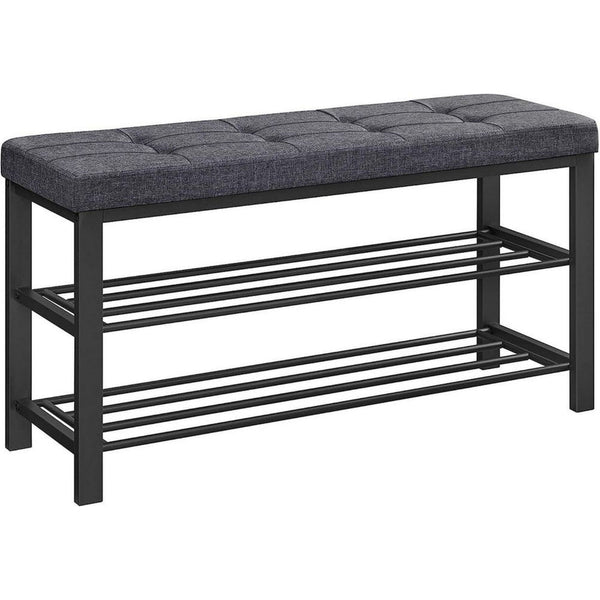 Lee 39 Inch Shoe Rack Bench, Tufted Seat, 2 Shelves, Dark Gray, Black - BM315794