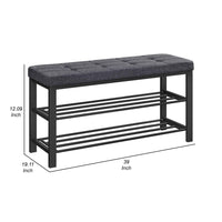 Lee 39 Inch Shoe Rack Bench, Tufted Seat, 2 Shelves, Dark Gray, Black - BM315794