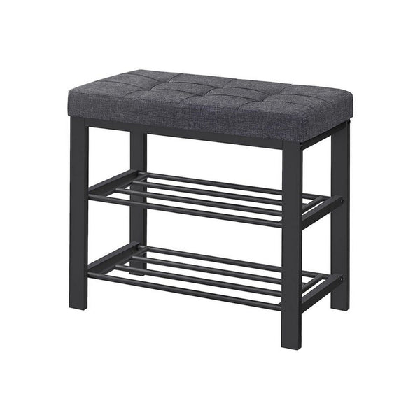 Lee 24 Inch Shoe Rack, Cushioned Tufted Seat, 2 Shelves, Dark Gray, Black - BM315795